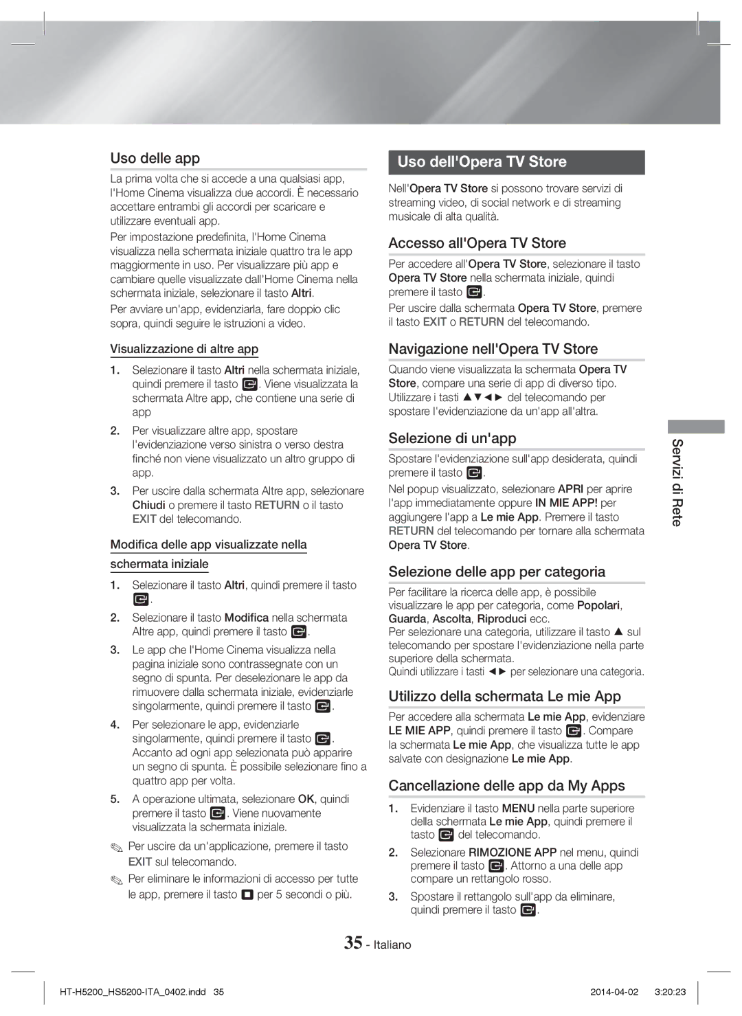 Samsung HT-H5200/ZF, HT-HS5200/EN, HT-H5200/EN, HT-HS5200/ZF manual Uso dellOpera TV Store 