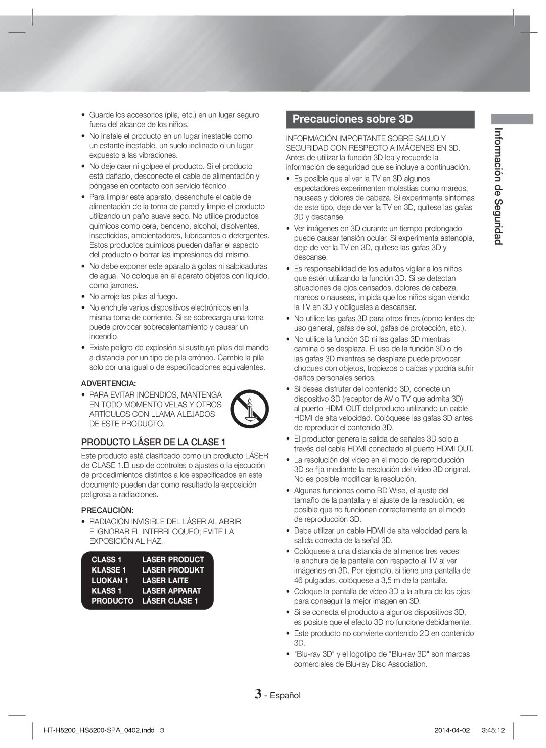 Samsung HT-H5200/ZF, HT-HS5200/EN, HT-H5200/EN, HT-HS5200/ZF manual Precauciones sobre 3D, Información de Seguridad 