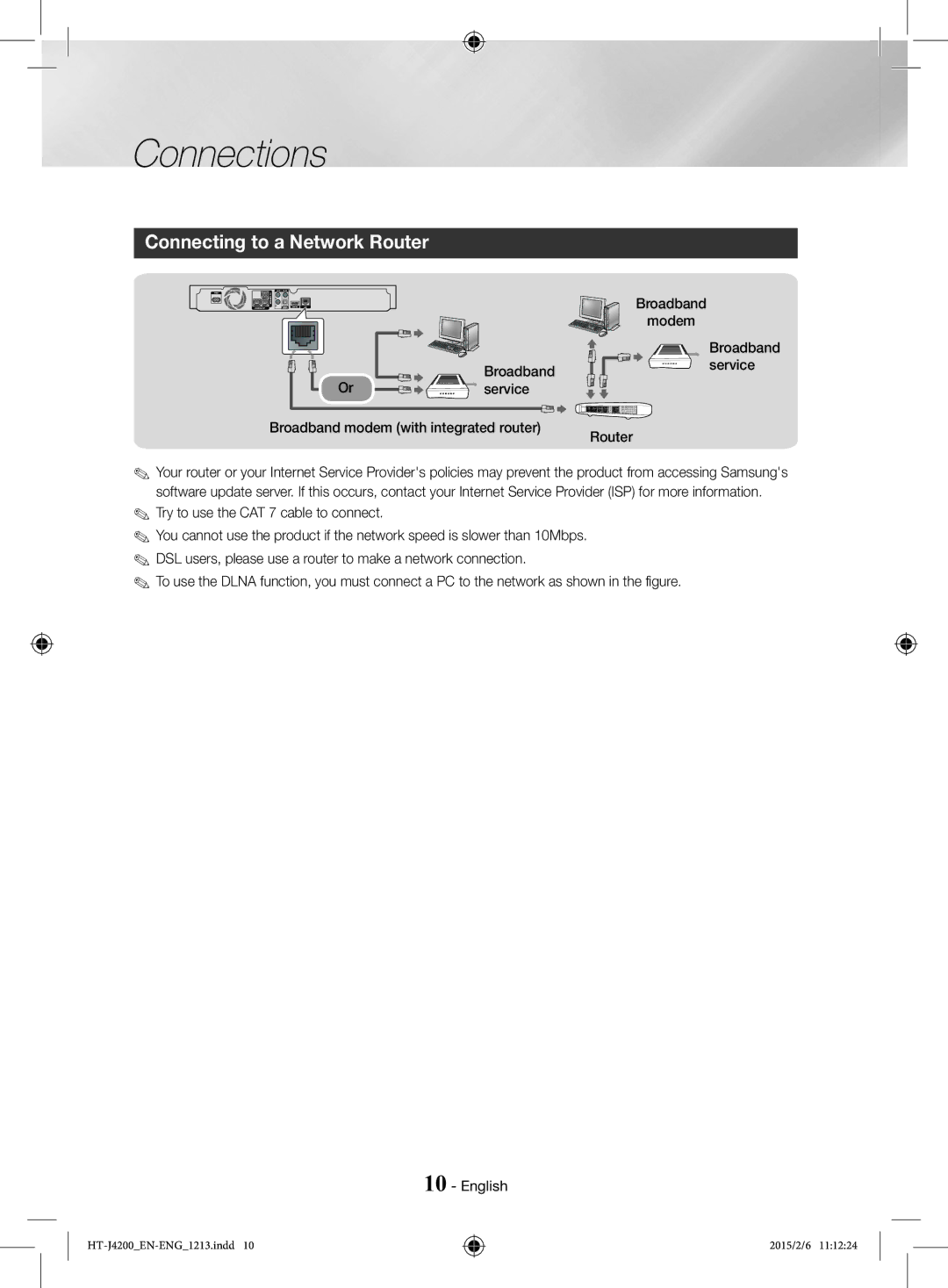 Samsung HT-J4200/EN, HT-J4200/ZF manual Connecting to a Network Router, Try to use the CAT 7 cable to connect 