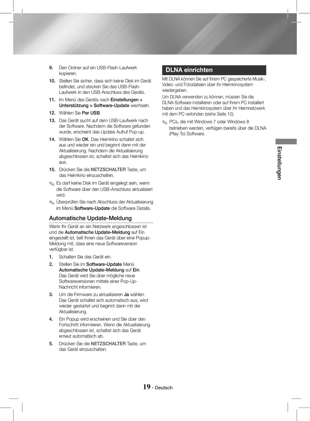 Samsung HT-J4200/ZF manual Automatische Update-Meldung, Dlna einrichten, Den Ordner auf ein USB-Flash-Laufwerk kopieren 