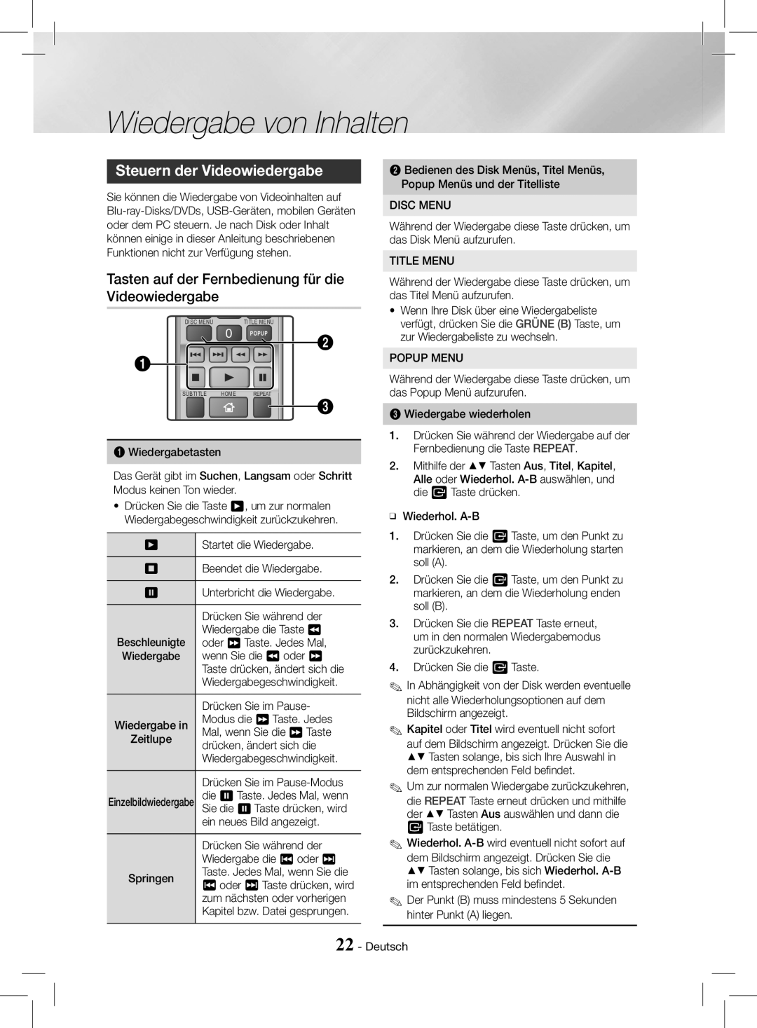 Samsung HT-J4200/EN, HT-J4200/ZF manual Steuern der Videowiedergabe, Tasten auf der Fernbedienung für die 