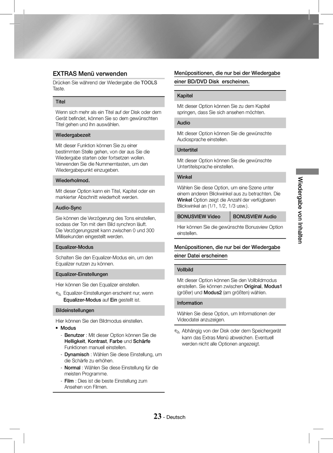 Samsung HT-J4200/ZF, HT-J4200/EN manual Extras Menü verwenden 