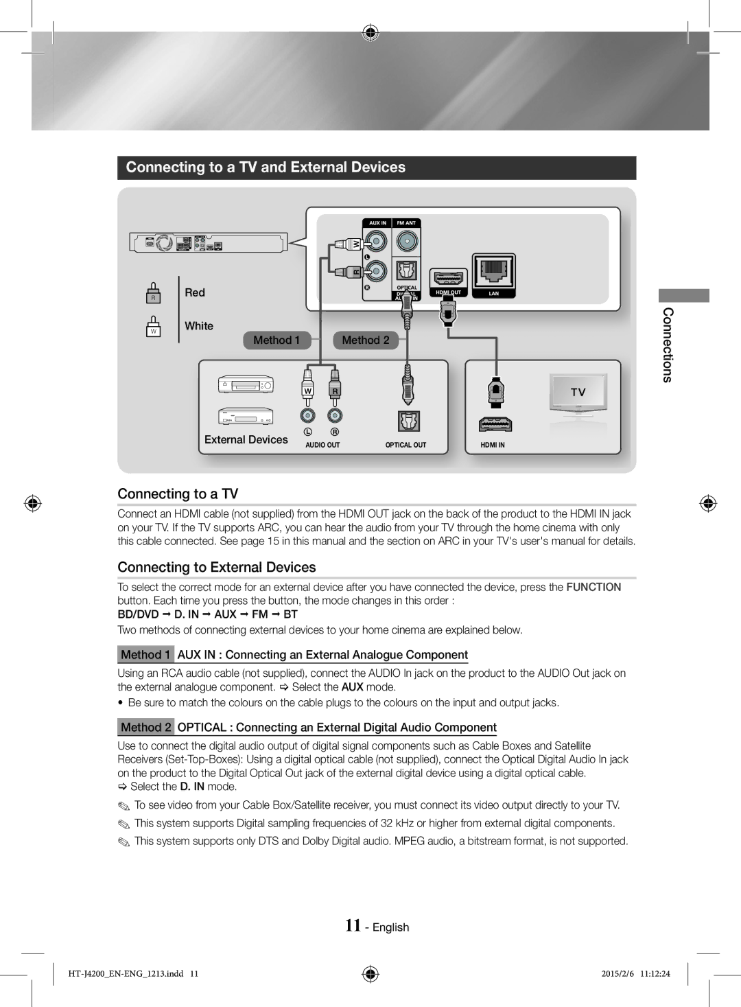 Samsung HT-J4200/ZF manual Connecting to a TV and External Devices, Connecting to a TV Connecting to External Devices 