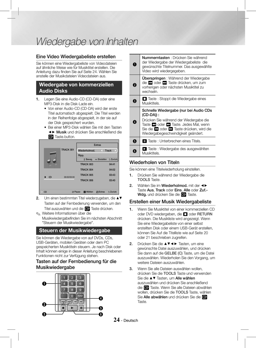 Samsung HT-J4200/EN, HT-J4200/ZF manual Wiedergabe von kommerziellen Audio Disks, Steuern der Musikwiedergabe 