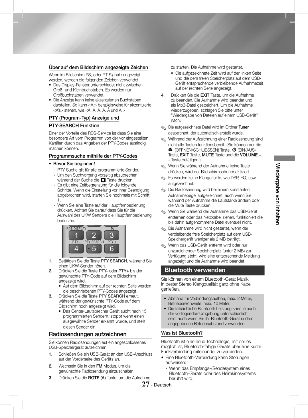 Samsung HT-J4200/ZF, HT-J4200/EN manual Radiosendungen aufzeichnen, Bluetooth verwenden 