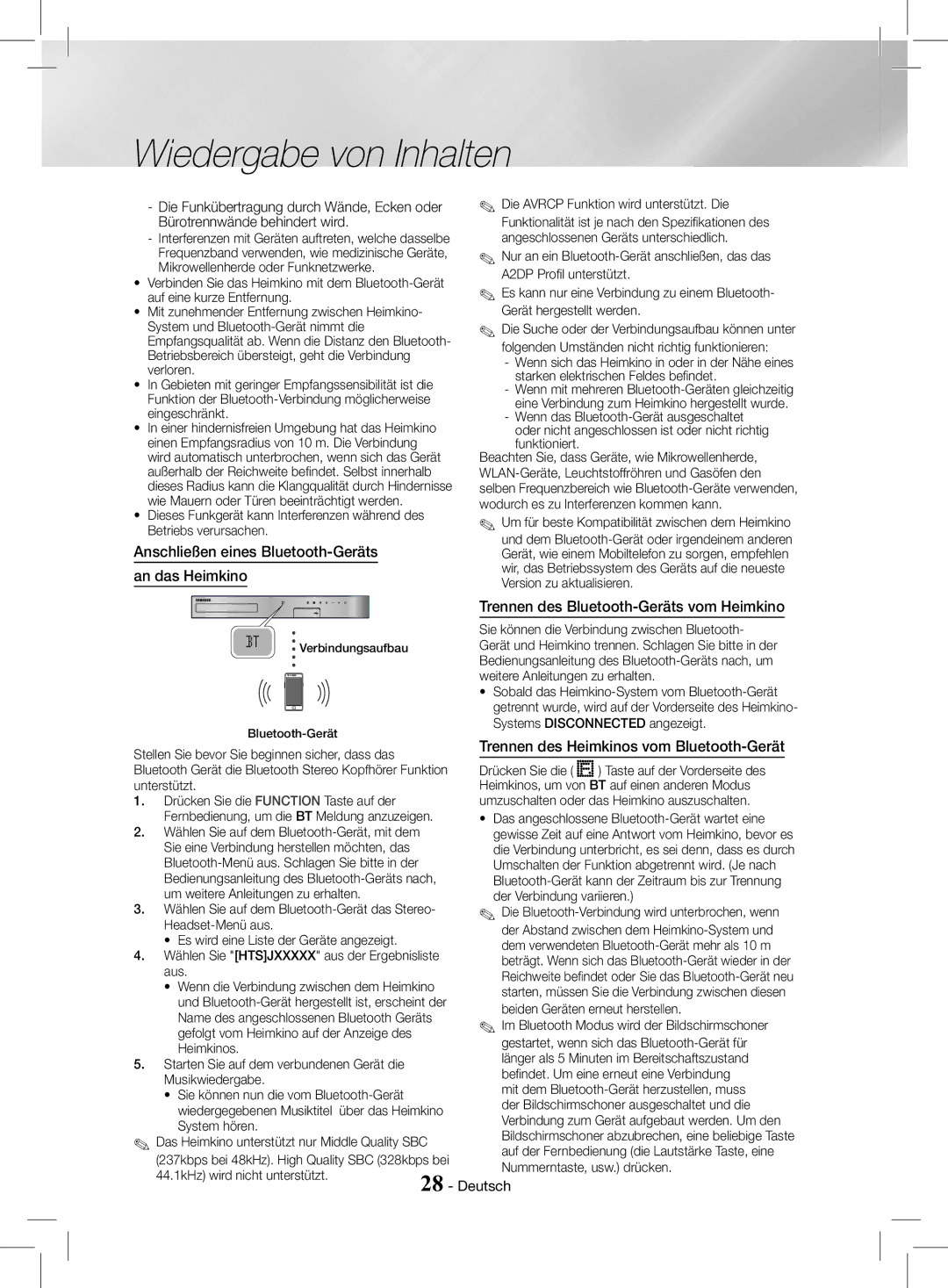 Samsung HT-J4200/EN manual Anschließen eines Bluetooth-Geräts an das Heimkino, Trennen des Bluetooth-Geräts vom Heimkino 