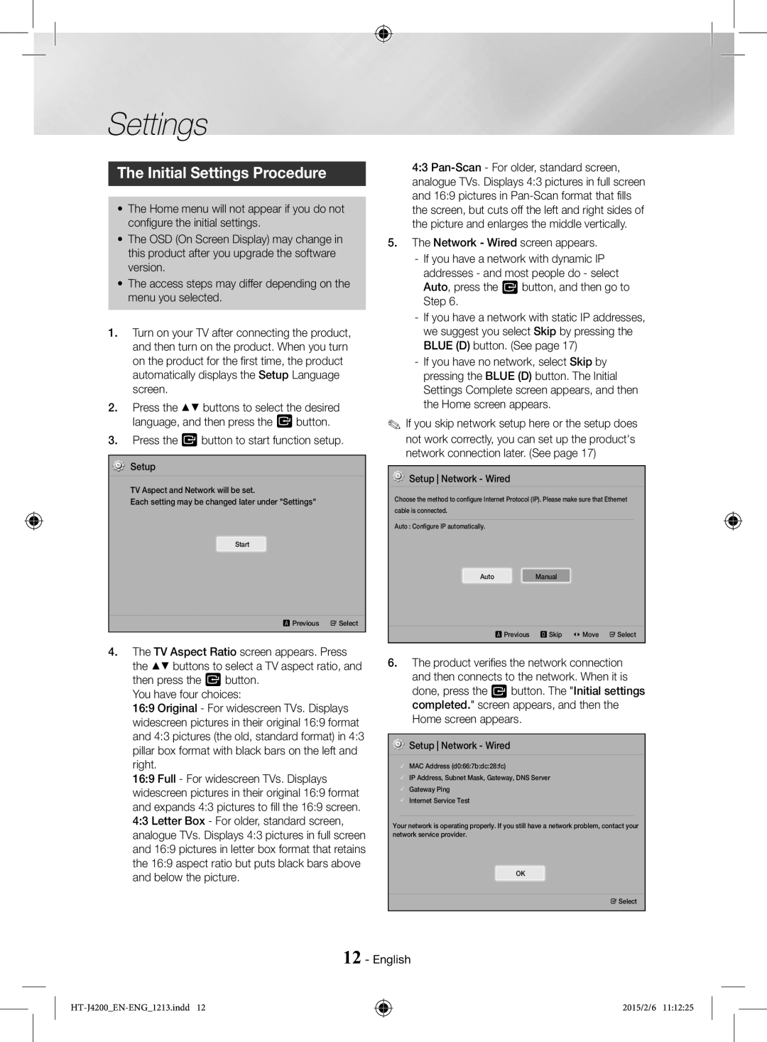 Samsung HT-J4200/EN Initial Settings Procedure, Press the v button to start function setup, Setup Network Wired 