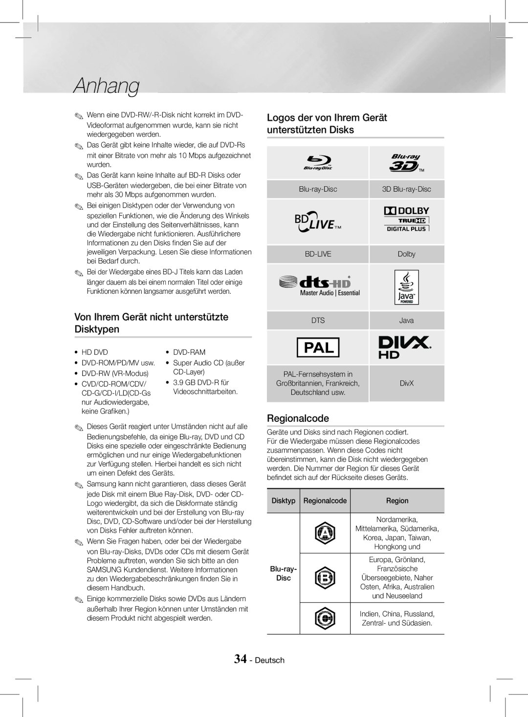 Samsung HT-J4200/EN manual Regionalcode, Blu-ray-Disc, DVD-ROM/PD/MV usw DVD-RW VR-Modus, Super Audio CD außer CD-Layer 