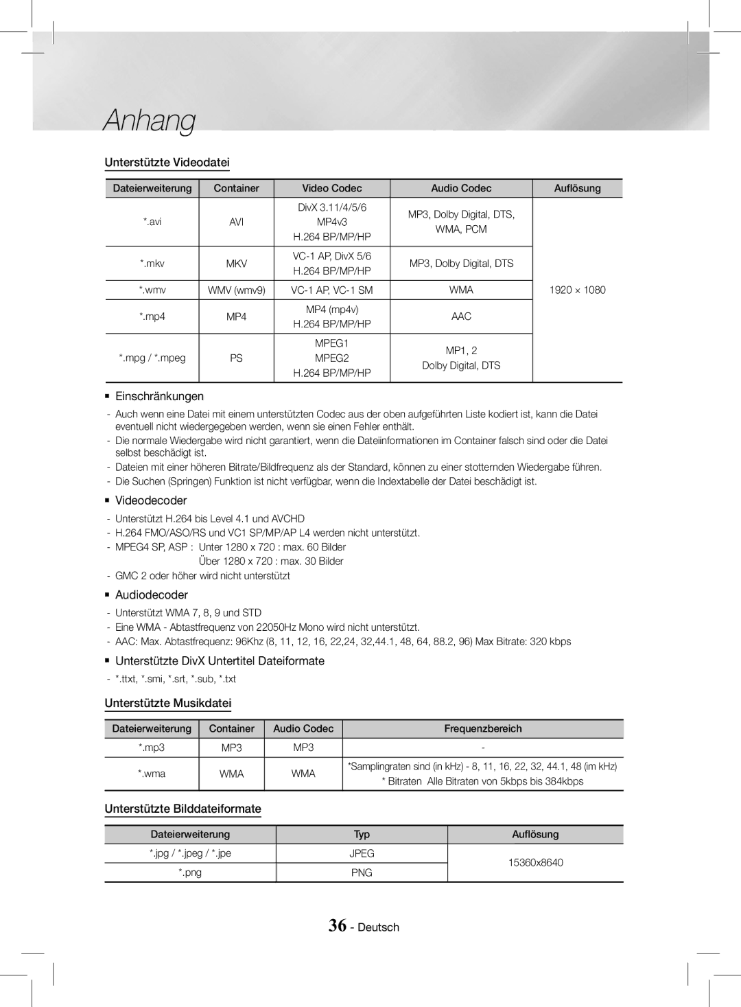 Samsung HT-J4200/EN Unterstützte Videodatei, `` Einschränkungen, `` Videodecoder, `` Audiodecoder, Unterstützte Musikdatei 