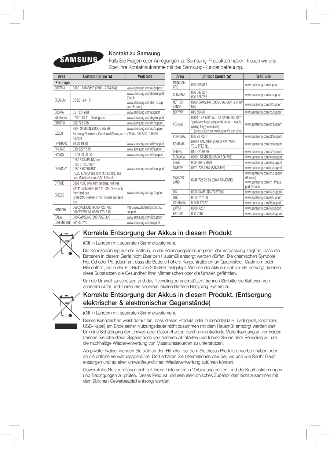 Samsung HT-J4200/ZF, HT-J4200/EN manual Korrekte Entsorgung der Akkus in diesem Produkt, Kontakt zu Samsung 