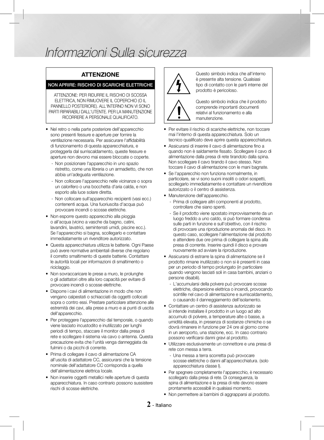 Samsung HT-J4200/ZF manual Informazioni Sulla sicurezza, Italiano, Non permettere ai bambini di aggrapparsi al prodotto 