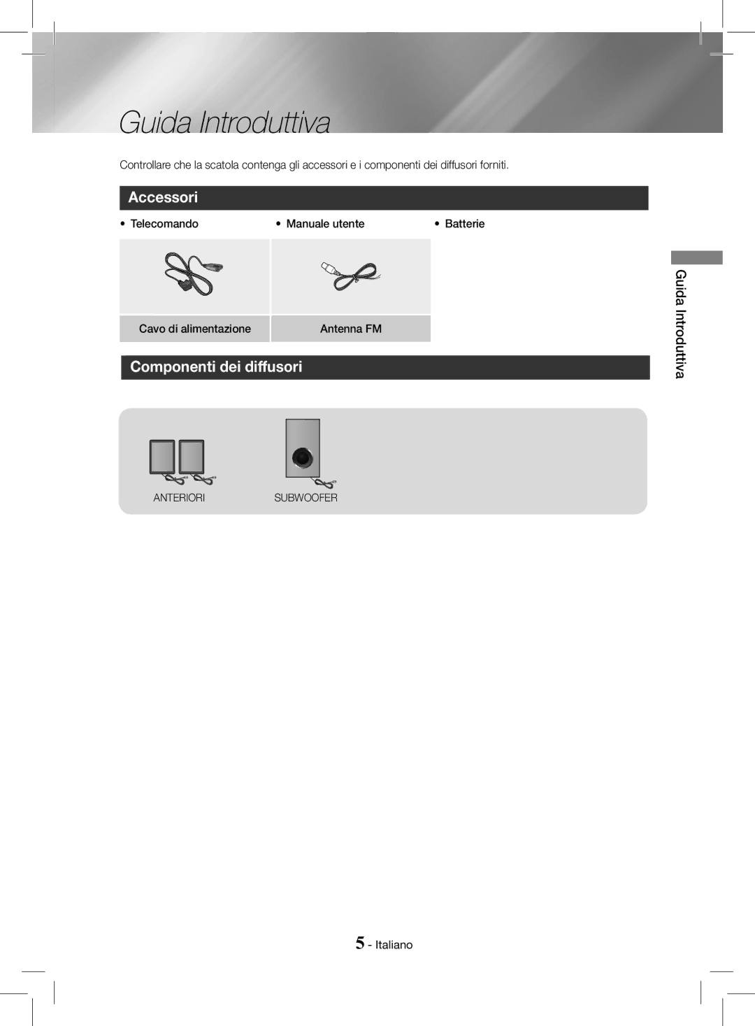 Samsung HT-J4200/EN, HT-J4200/ZF manual Guida Introduttiva, Accessori, Componenti dei diffusori 