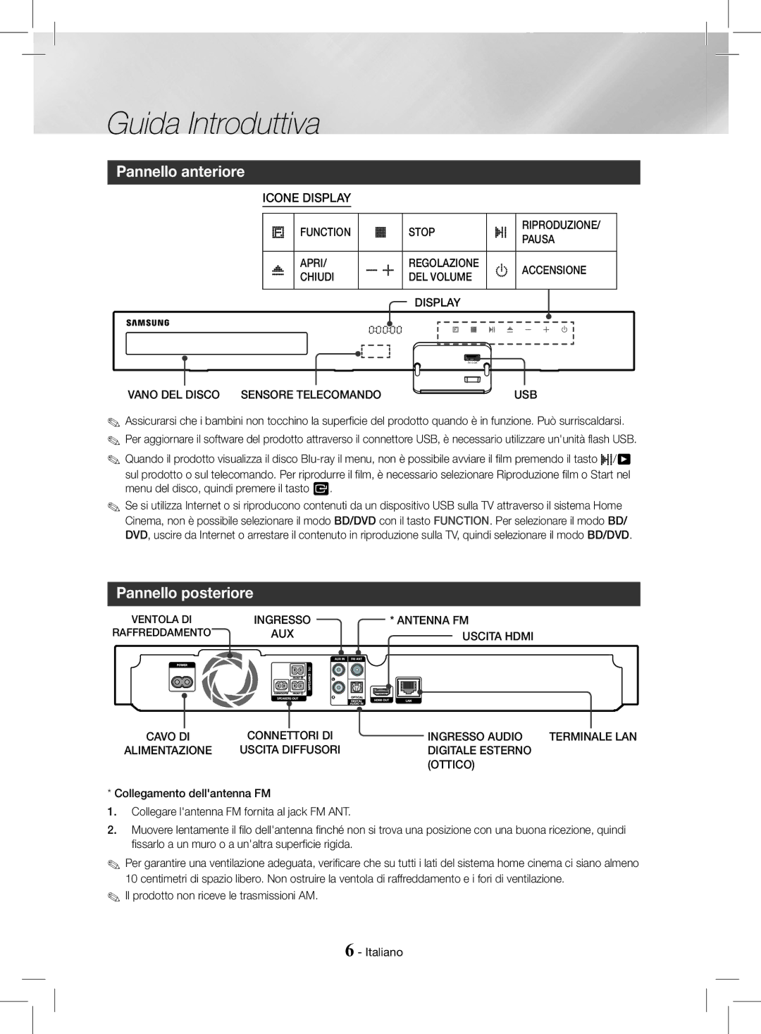 Samsung HT-J4200/ZF, HT-J4200/EN manual Pannello anteriore, Pannello posteriore 