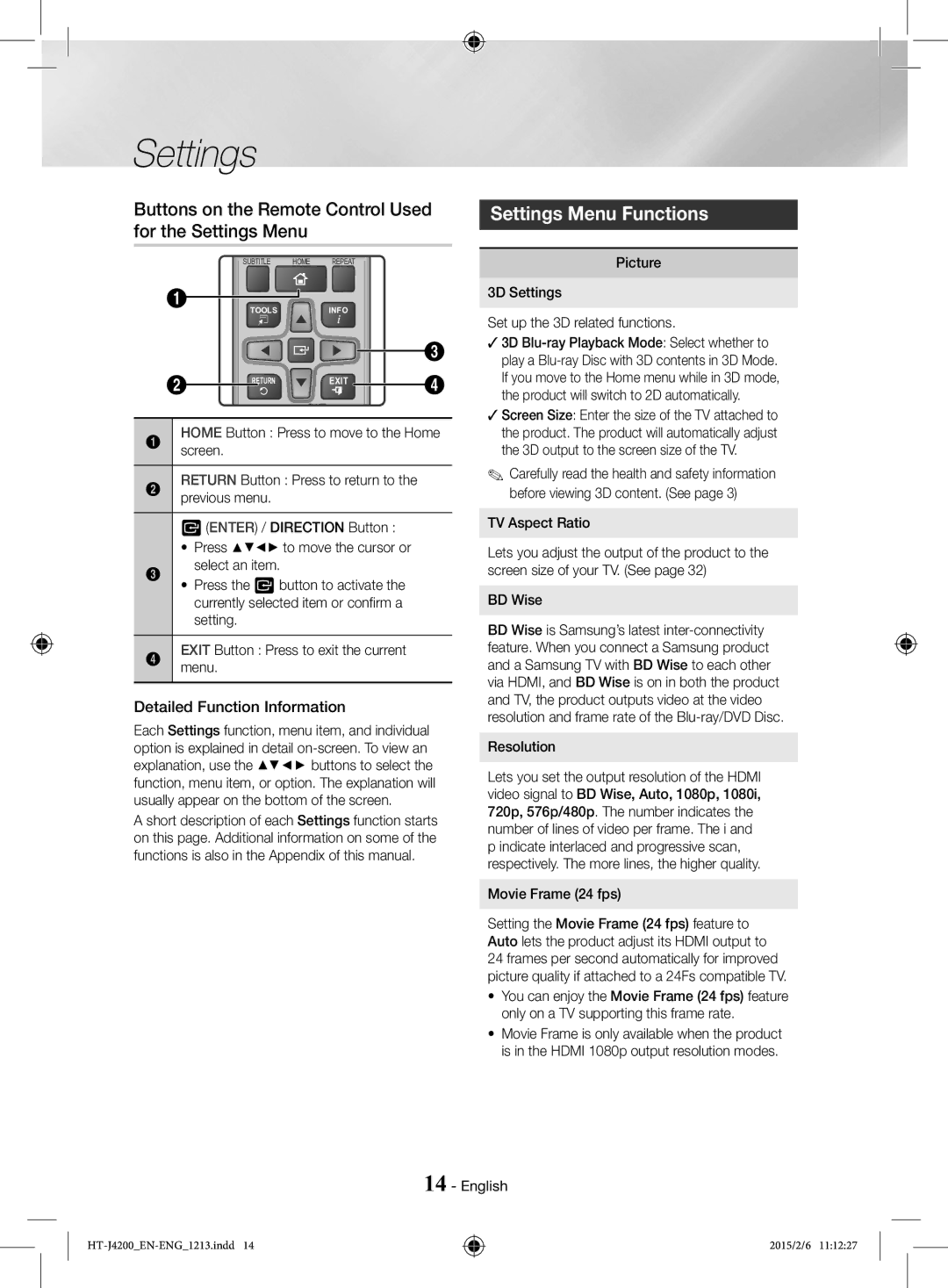 Samsung HT-J4200/EN, HT-J4200/ZF manual Buttons on the Remote Control Used, Settings Menu Functions, For the Settings Menu 