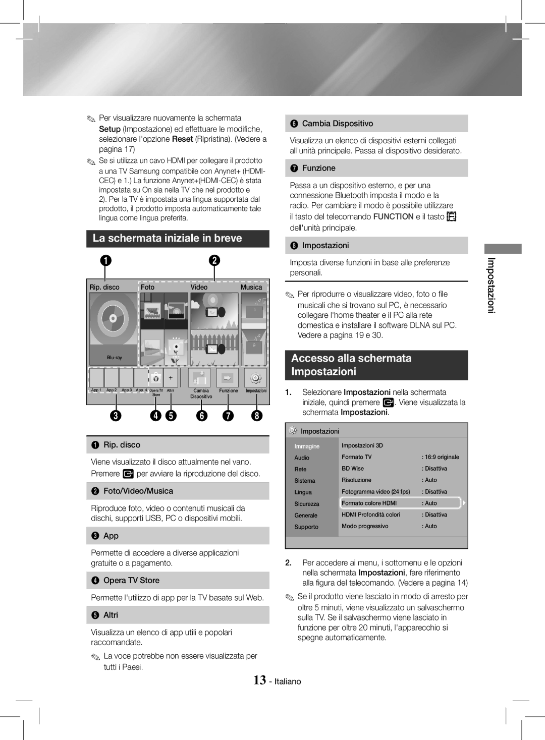 Samsung HT-J4200/EN, HT-J4200/ZF manual La schermata iniziale in breve, Accesso alla schermata Impostazioni 