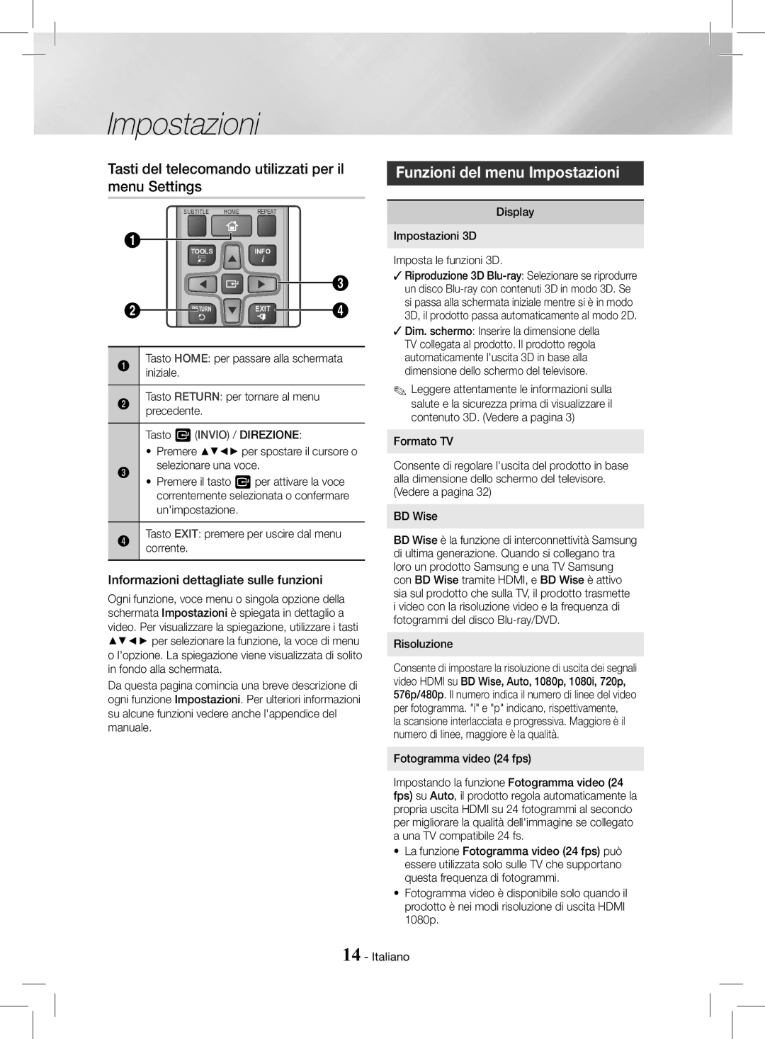 Samsung HT-J4200/ZF, HT-J4200/EN Tasti del telecomando utilizzati per il menu Settings, Funzioni del menu Impostazioni 