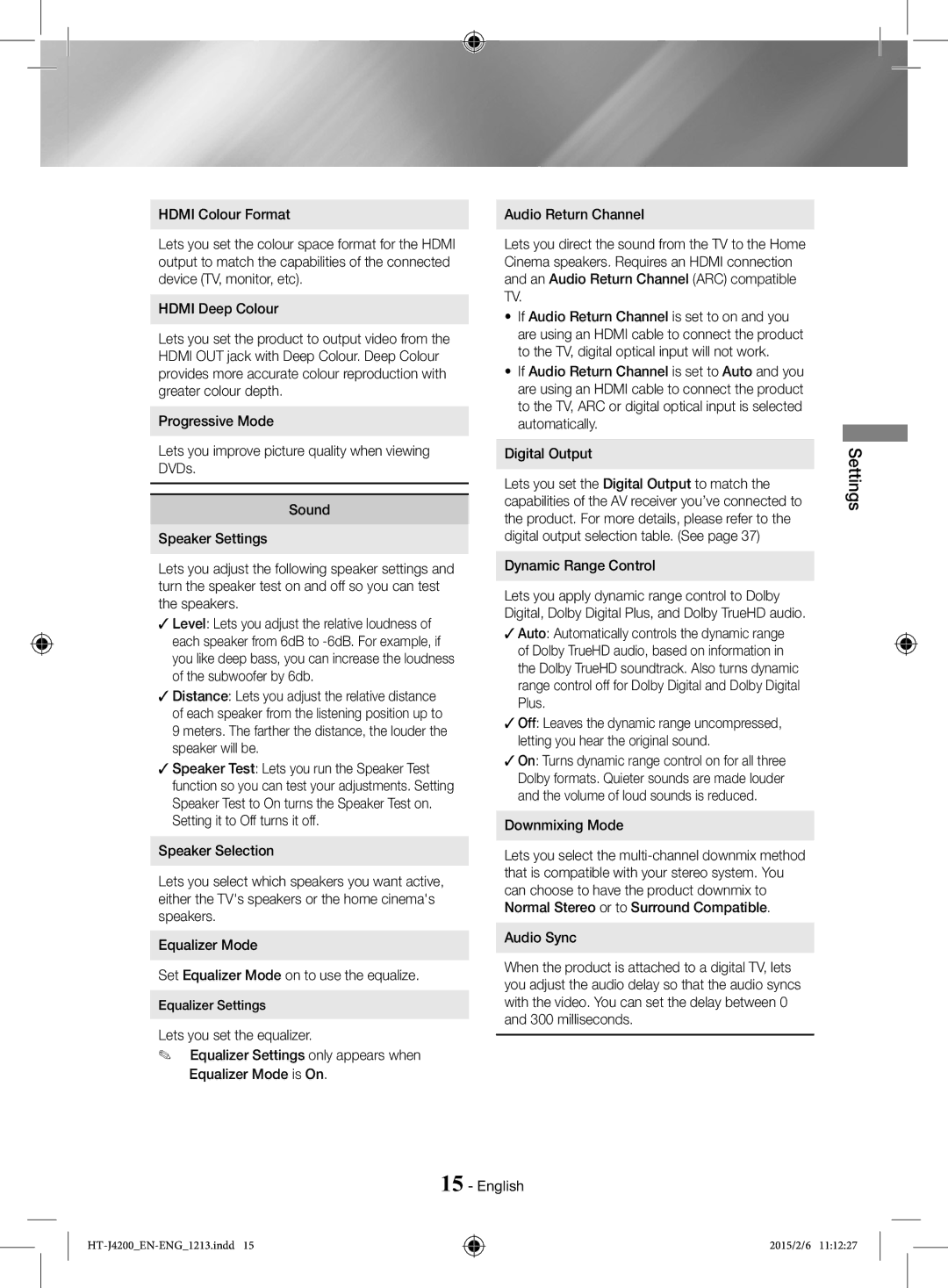 Samsung HT-J4200/ZF, HT-J4200/EN manual Dynamic Range Control, Downmixing Mode, Equalizer Settings 