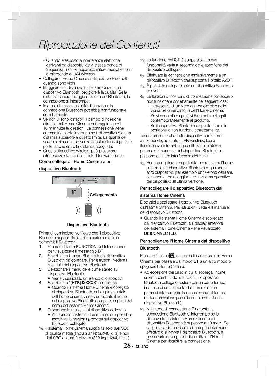 Samsung HT-J4200/ZF, HT-J4200/EN manual Per scollegare lHome Cinema dal dispositivo Bluetooth, Disconnected 