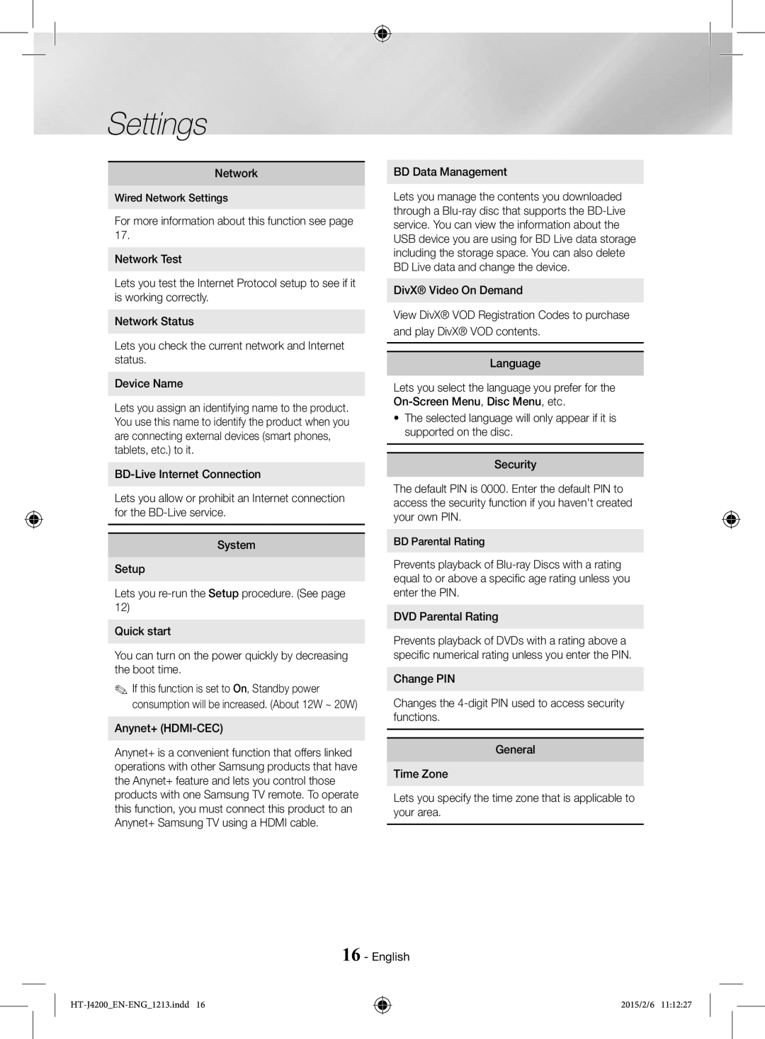 Samsung HT-J4200/EN, HT-J4200/ZF manual System, Anynet+ HDMI-CEC, Wired Network Settings 