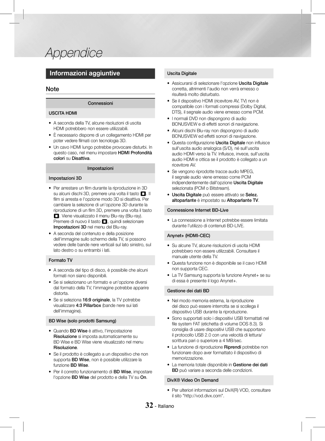 Samsung HT-J4200/ZF, HT-J4200/EN manual Appendice, Informazioni aggiuntive, Connessioni 