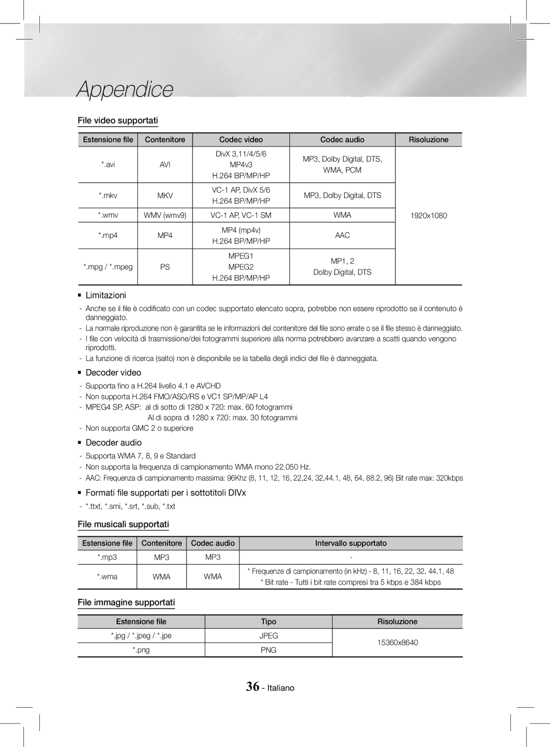 Samsung HT-J4200/ZF File video supportati, `` Limitazioni, `` Decoder video, `` Decoder audio, File musicali supportati 