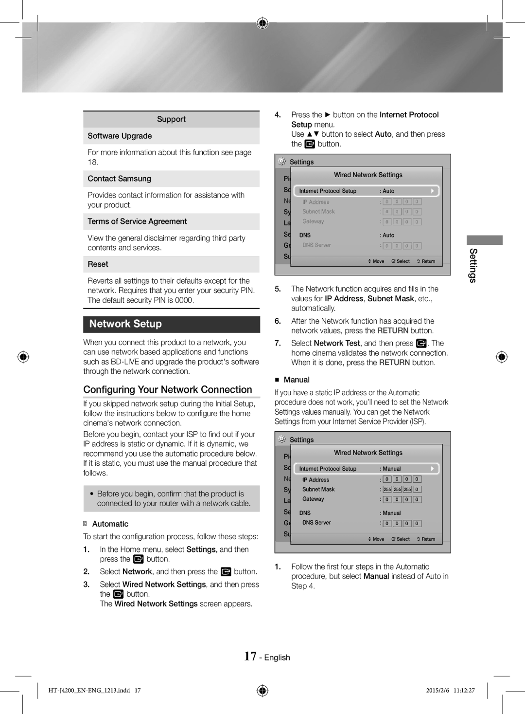 Samsung HT-J4200/ZF, HT-J4200/EN manual Network Setup, Configuring Your Network Connection, ĞĞ Automatic, „„ Manual 