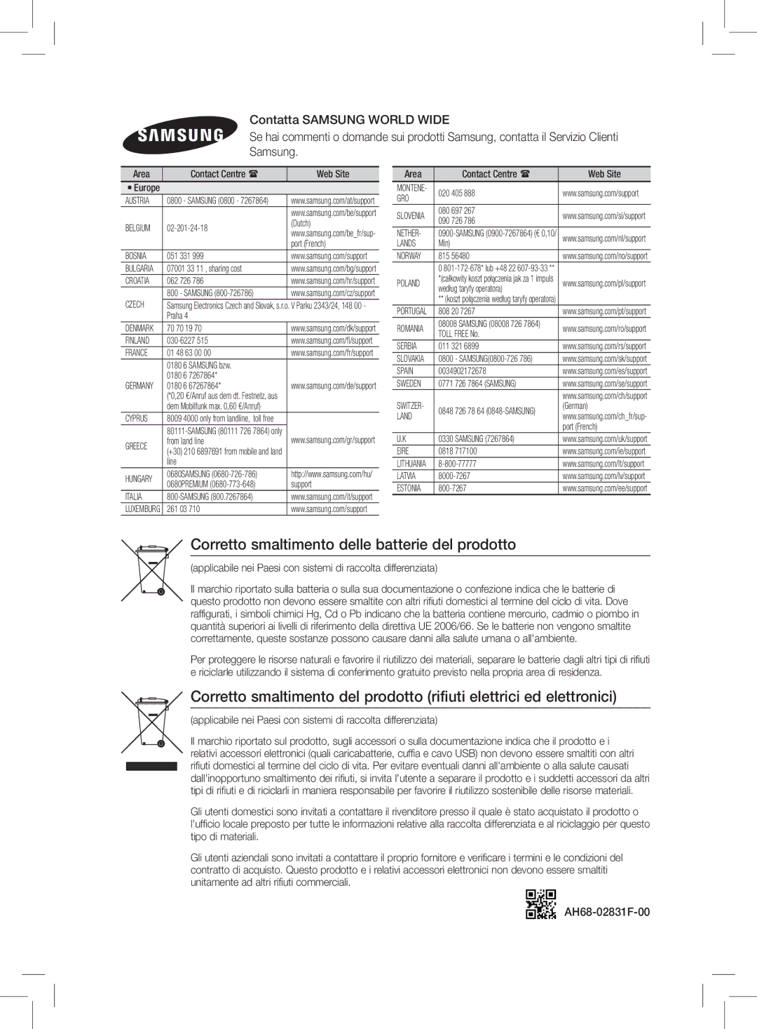 Samsung HT-J4200/EN, HT-J4200/ZF manual Corretto smaltimento delle batterie del prodotto, AH68-02831F-00 