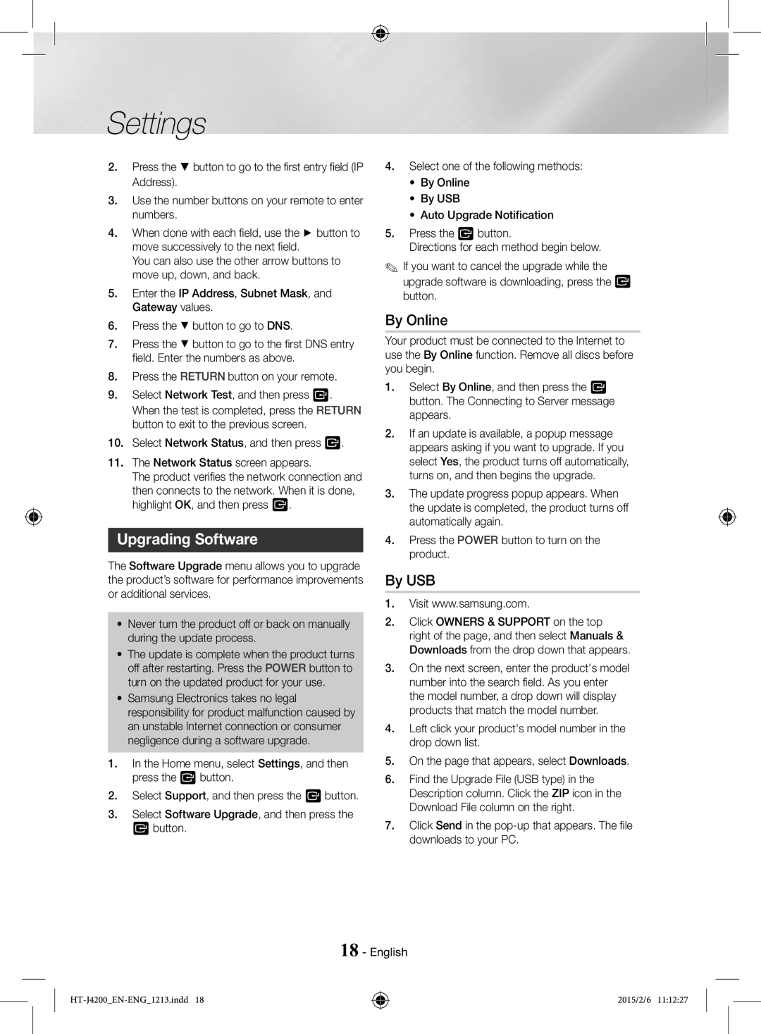 Samsung HT-J4200/EN, HT-J4200/ZF manual Upgrading Software, By Online, By USB 