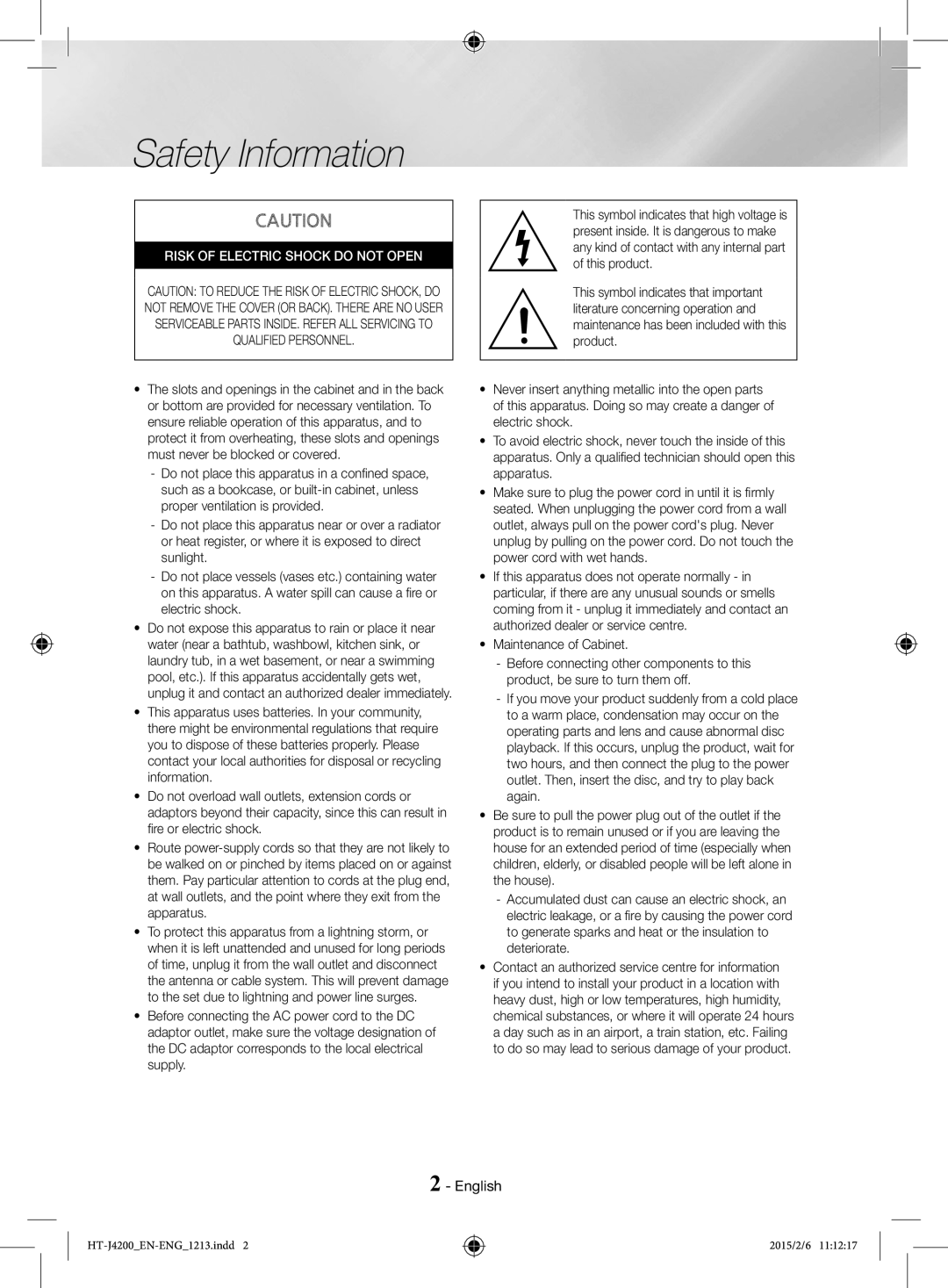 Samsung HT-J4200/EN, HT-J4200/ZF manual Safety Information, English 