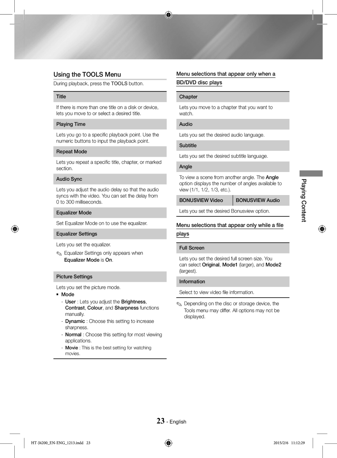 Samsung HT-J4200/ZF, HT-J4200/EN manual Using the Tools Menu, Menu selections that appear only when a BD/DVD disc plays 