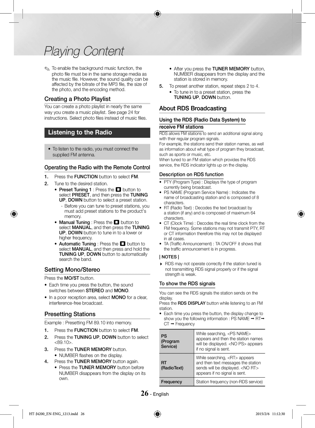 Samsung HT-J4200/EN manual Creating a Photo Playlist, Listening to the Radio, About RDS Broadcasting, Setting Mono/Stereo 