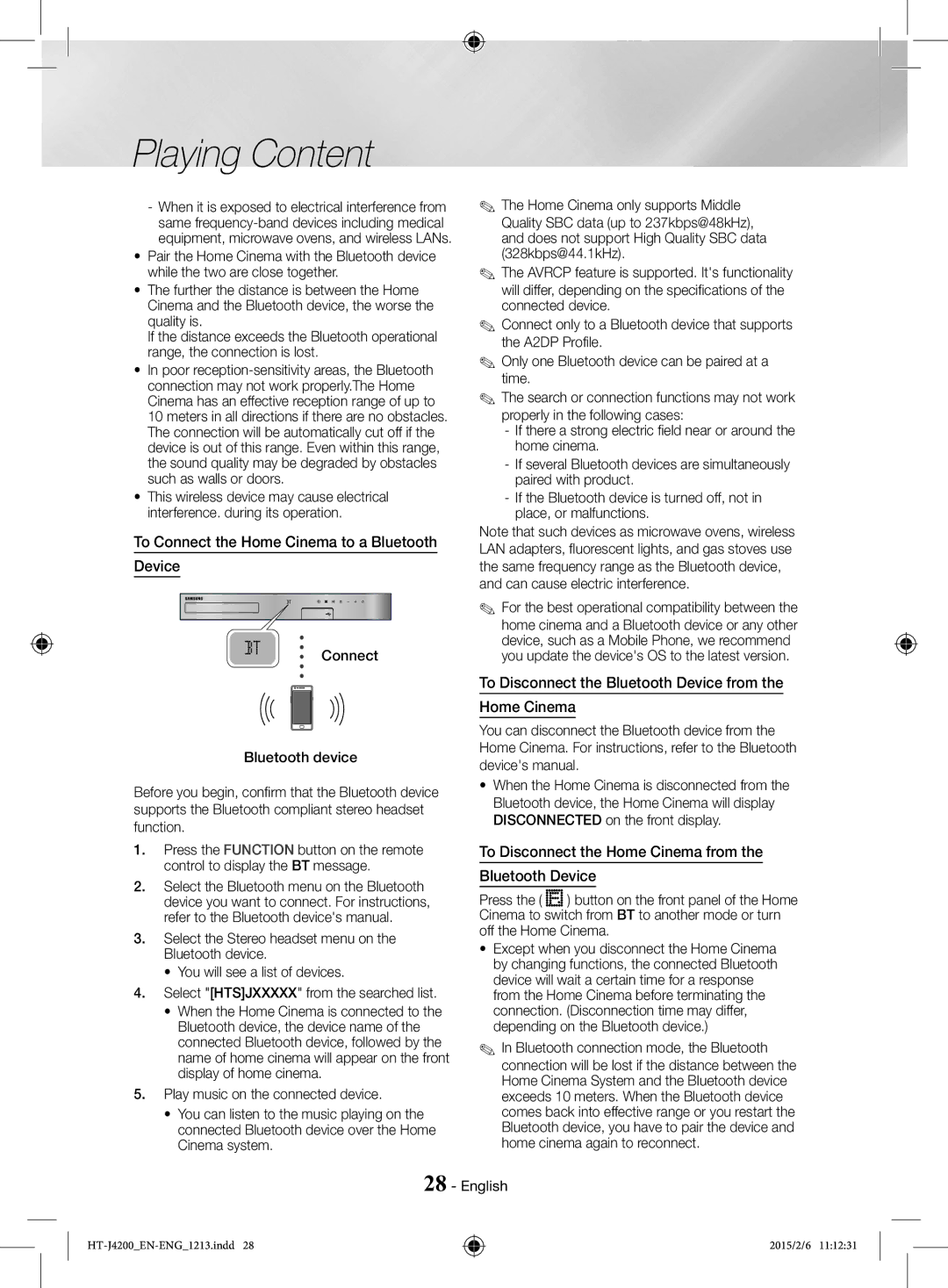 Samsung HT-J4200/EN, HT-J4200/ZF manual To Connect the Home Cinema to a Bluetooth Device 