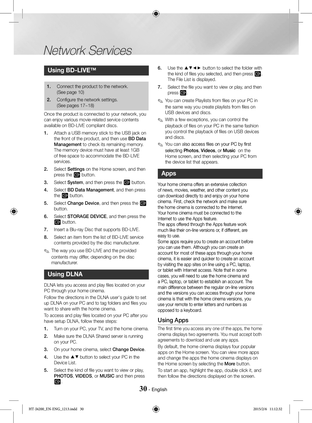 Samsung HT-J4200/EN, HT-J4200/ZF manual Network Services, Using BD-LIVE, Using Dlna, Using Apps 