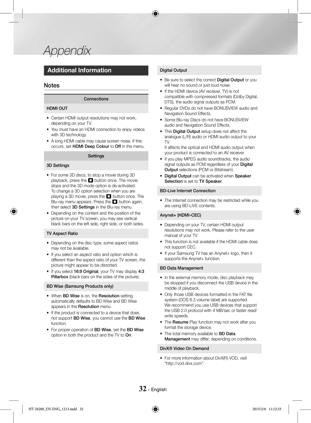 Samsung HT-J4200/EN, HT-J4200/ZF manual Appendix, Additional Information, Connections, Settings 3D Settings 