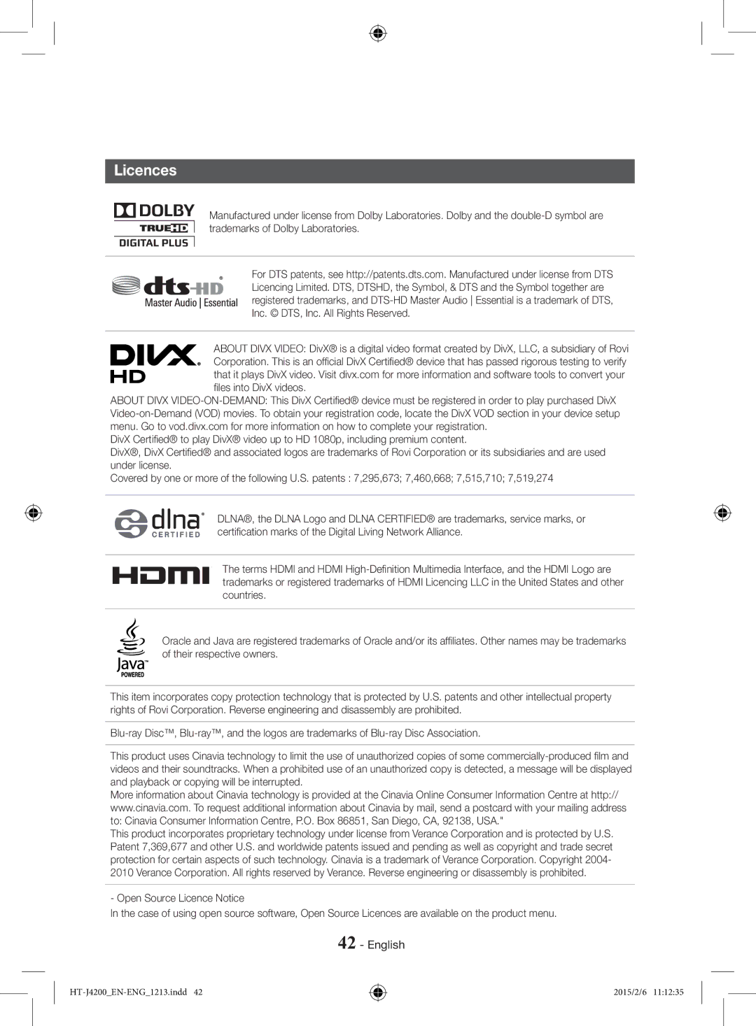 Samsung HT-J4200/EN, HT-J4200/ZF manual Licences 