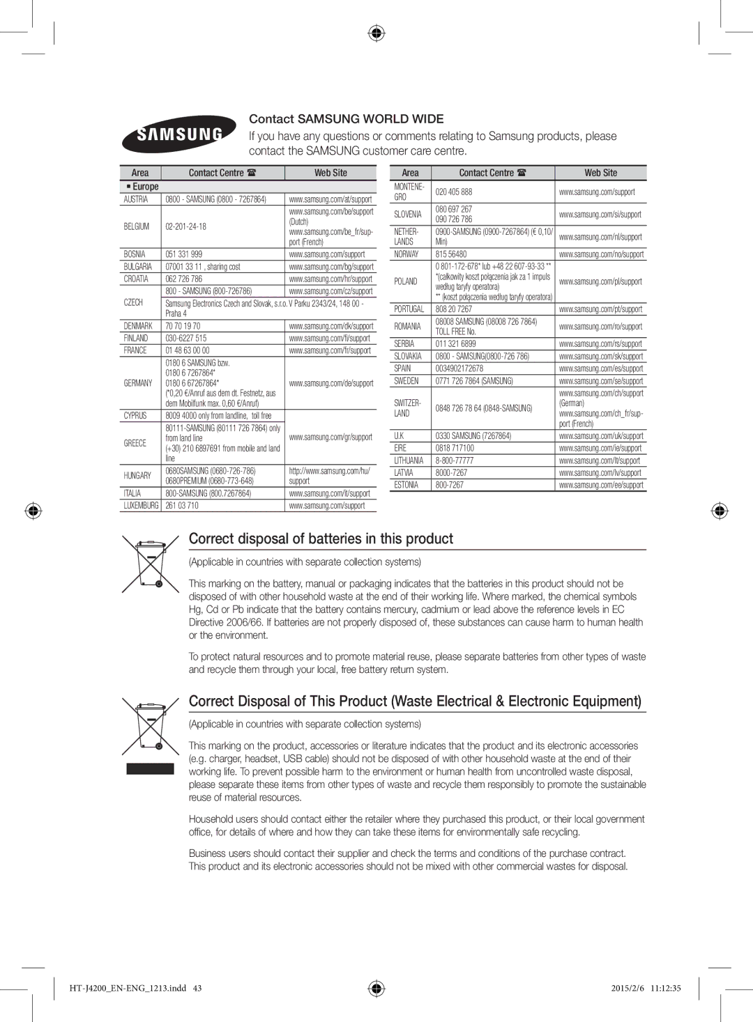 Samsung HT-J4200/ZF, HT-J4200/EN manual Correct disposal of batteries in this product, Area Contact Centre  Web Site 