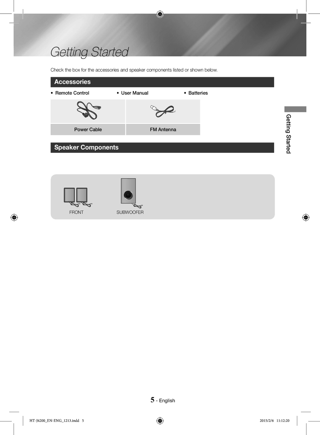 Samsung HT-J4200/ZF, HT-J4200/EN Getting Started, Accessories, Speaker Components, Remote Control Batteries Power Cable 