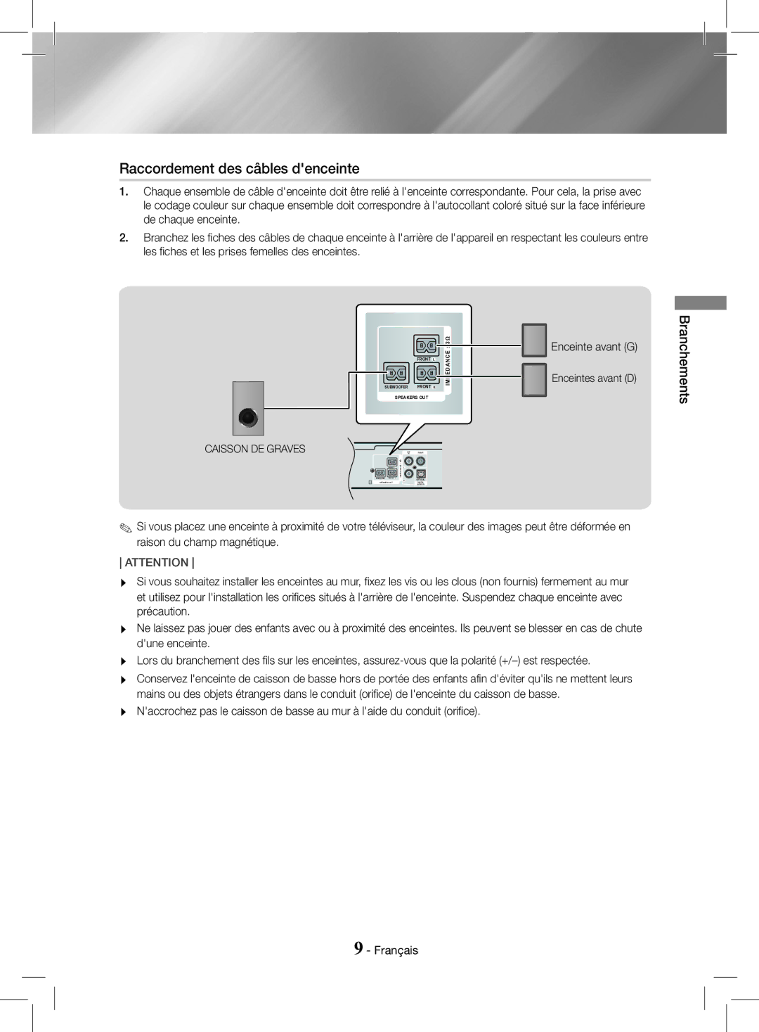 Samsung HT-J4200/EN, HT-J4200/ZF manual Raccordement des câbles denceinte, Branchements 