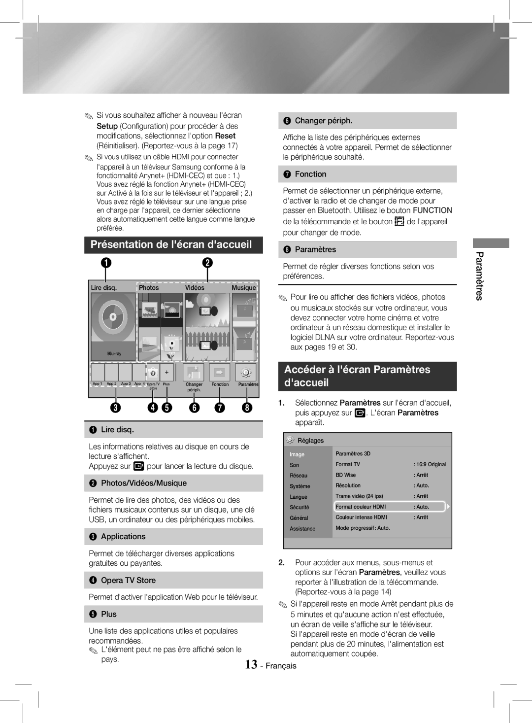 Samsung HT-J4200/EN, HT-J4200/ZF manual Présentation de lécran daccueil, Accéder à lécran Paramètres, Daccueil 