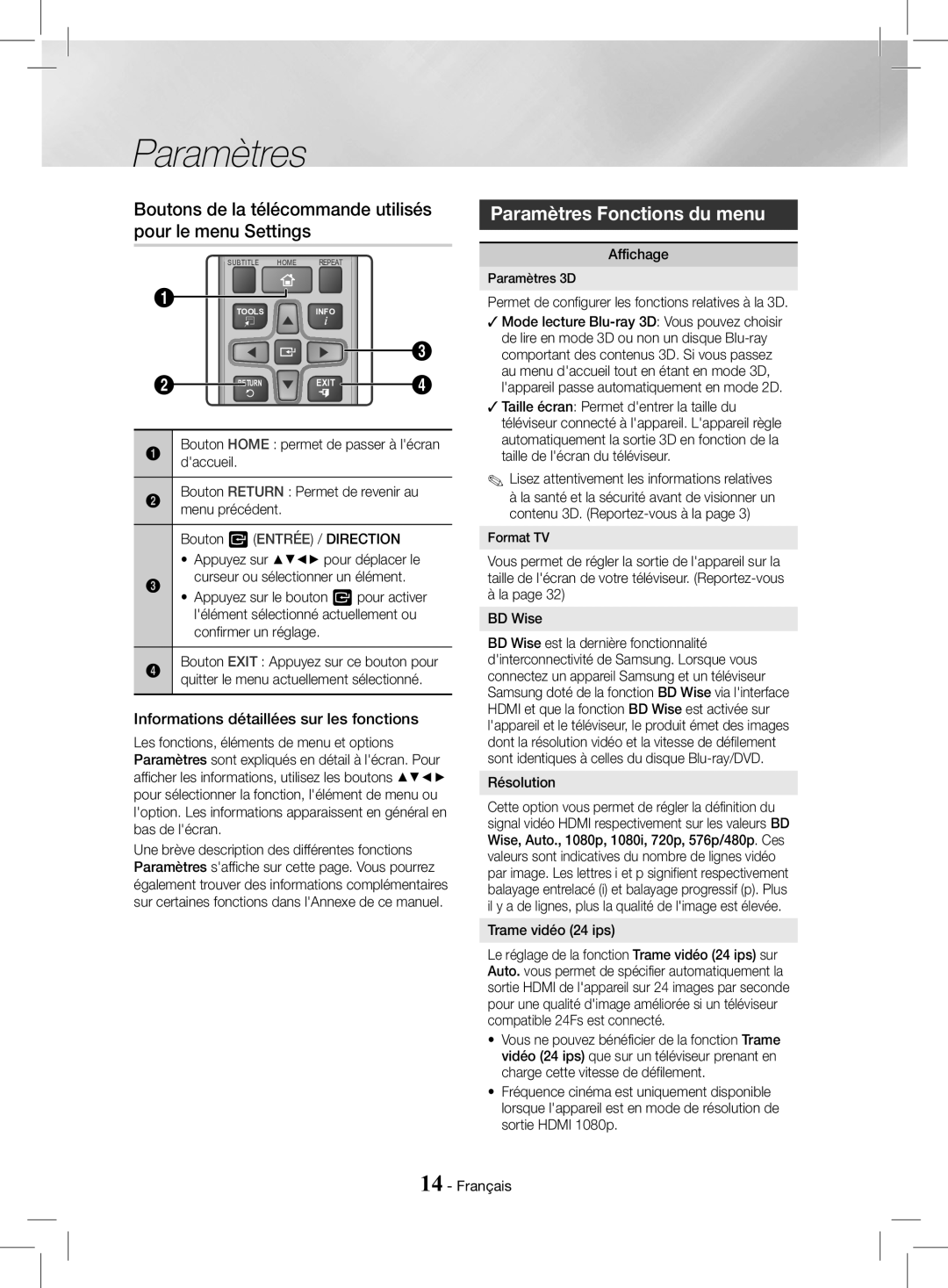 Samsung HT-J4200/ZF, HT-J4200/EN Boutons de la télécommande utilisés pour le menu Settings, Paramètres Fonctions du menu 