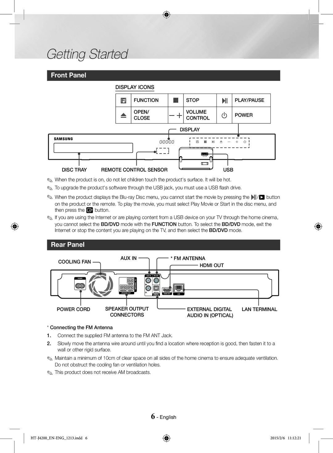 Samsung HT-J4200/EN, HT-J4200/ZF manual Front Panel, Rear Panel 