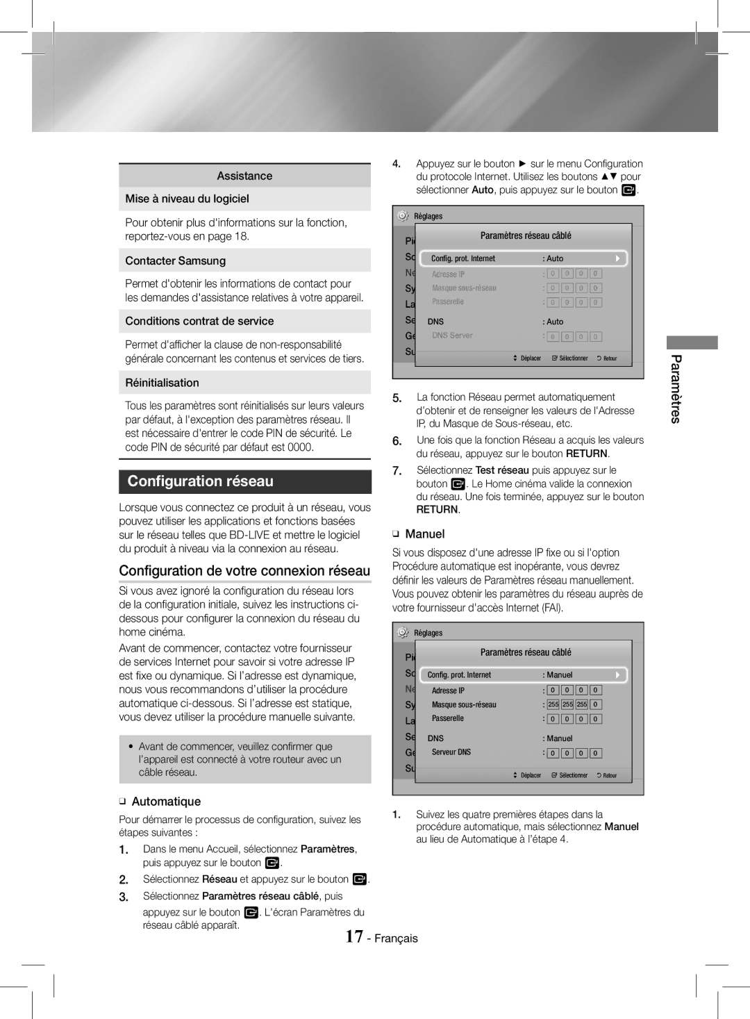 Samsung HT-J4200/EN, HT-J4200/ZF Configuration réseau, Configuration de votre connexion réseau, ĞĞ Automatique, ĞĞ Manuel 