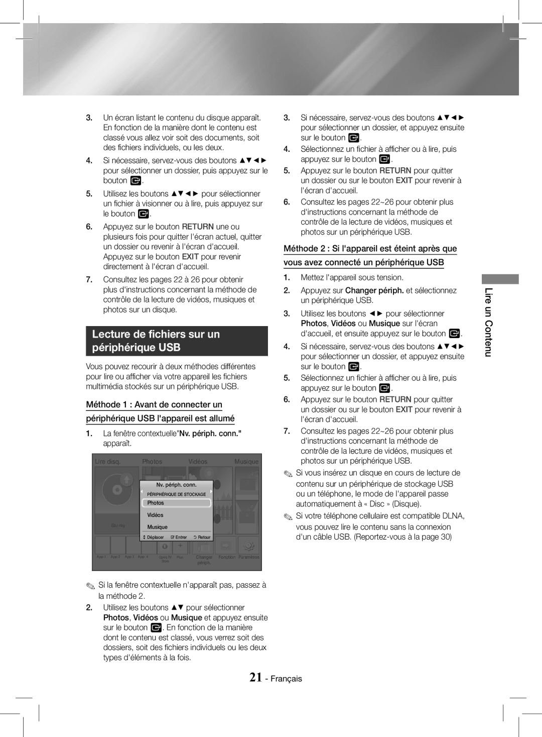 Samsung HT-J4200/EN, HT-J4200/ZF manual Lecture de fichiers sur un périphérique USB, Lire un Contenu 