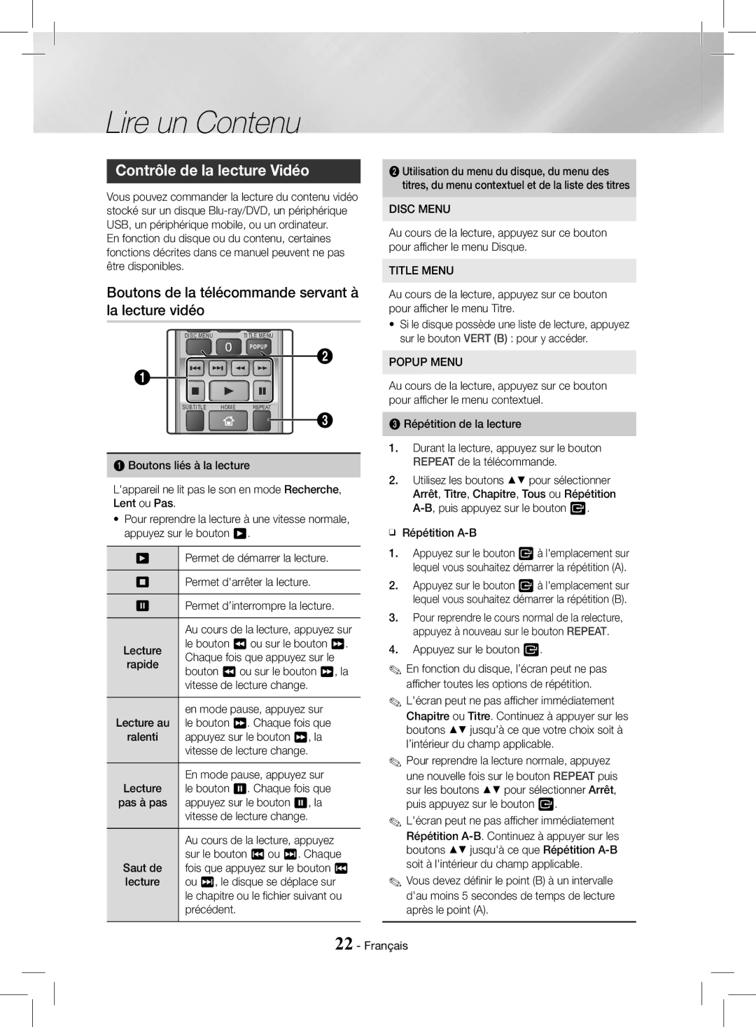 Samsung HT-J4200/ZF, HT-J4200/EN manual Contrôle de la lecture Vidéo, Boutons de la télécommande servant à la lecture vidéo 