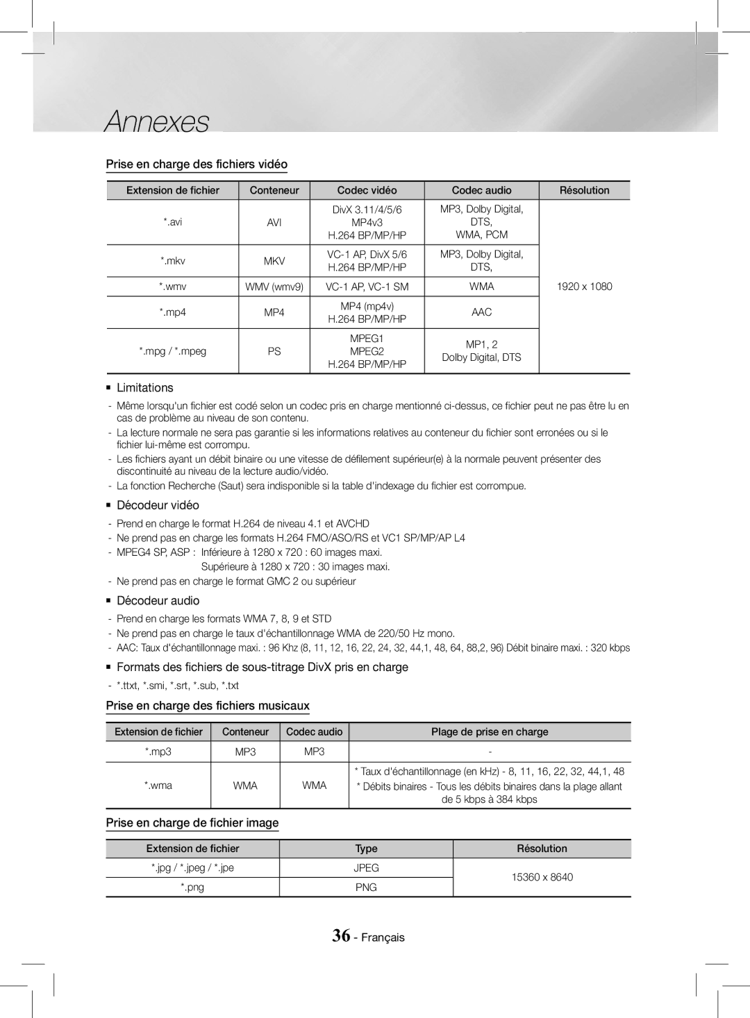 Samsung HT-J4200/ZF, HT-J4200/EN manual Prise en charge des fichiers vidéo, `` Décodeur vidéo, `` Décodeur audio 