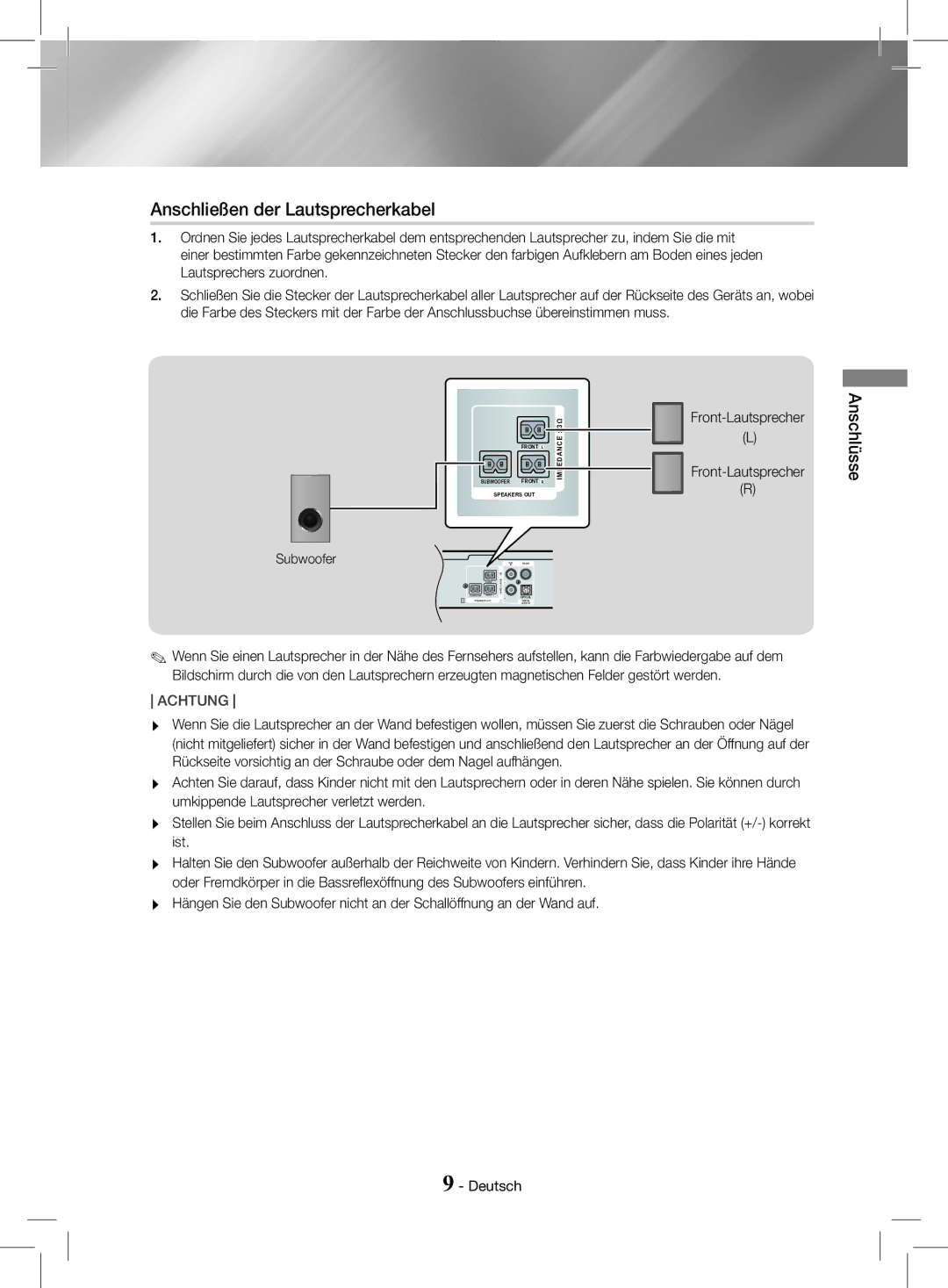 Samsung HT-J4200/ZF, HT-J4200/EN manual Anschließen der Lautsprecherkabel, Anschlüsse, Front-Lautsprecher 