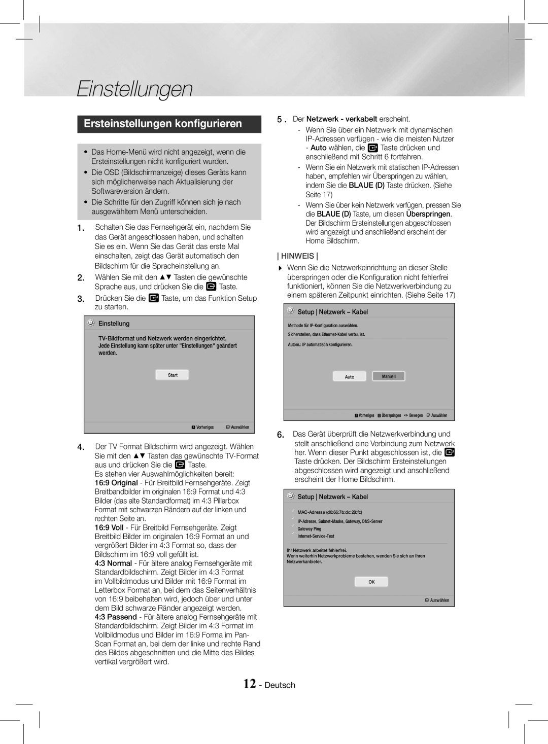 Samsung HT-J4200/EN, HT-J4200/ZF manual Einstellungen, Ersteinstellungen konfigurieren,  . Der Netzwerk verkabelt erscheint 