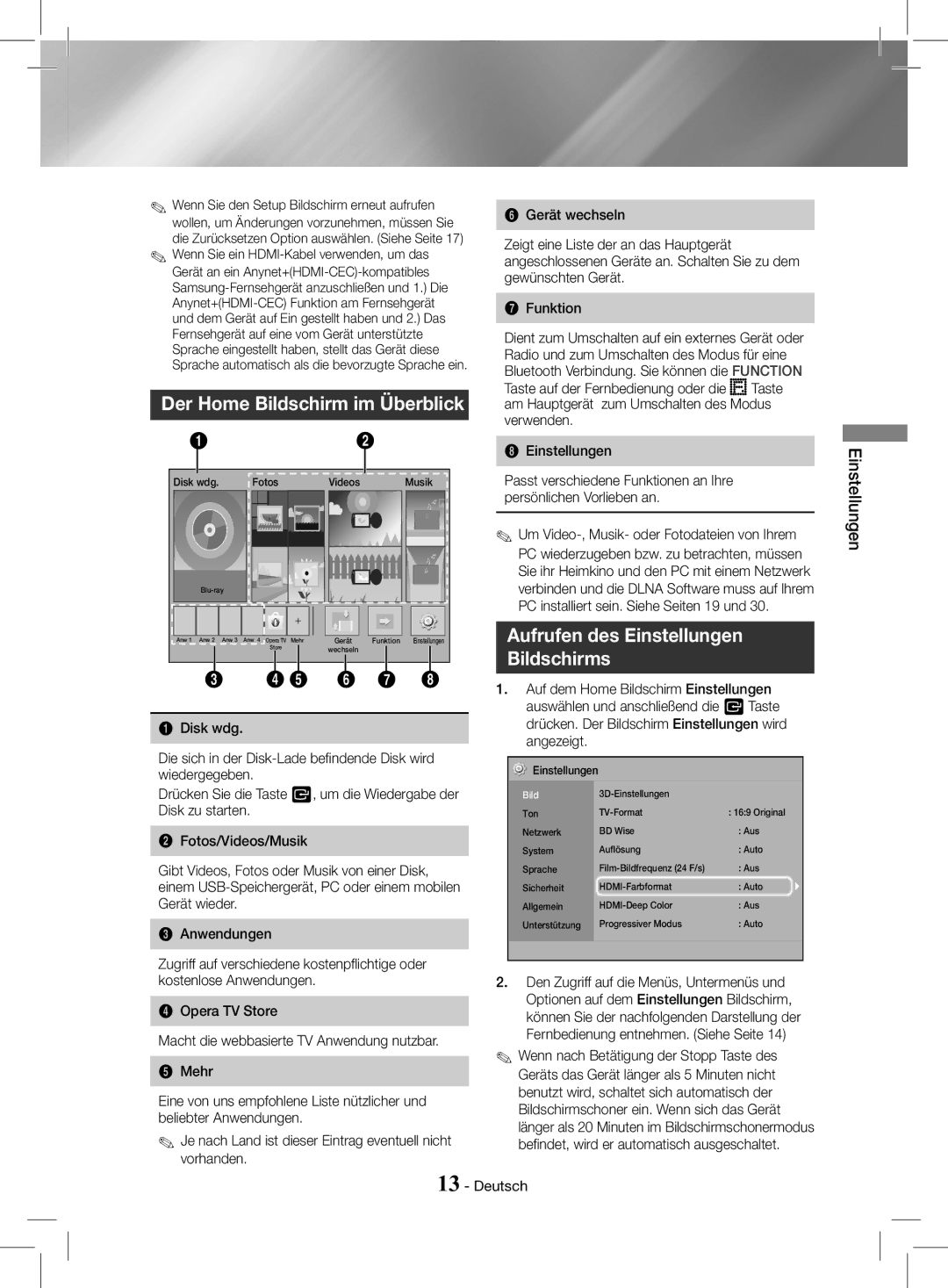 Samsung HT-J4200/ZF, HT-J4200/EN manual Der Home Bildschirm im Überblick, Aufrufen des Einstellungen, Bildschirms 