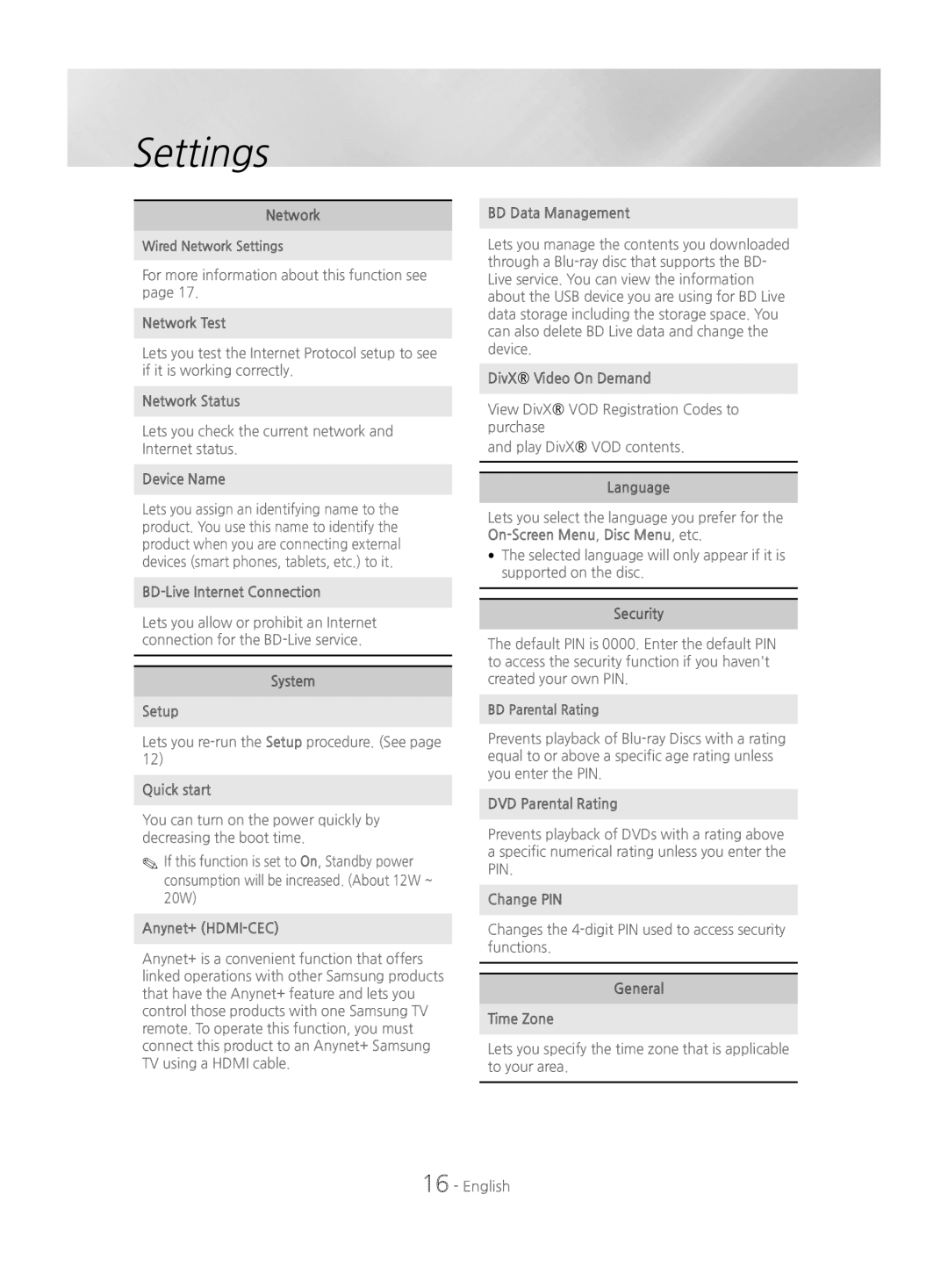 Samsung HT-J4200/EN Network Test, Network Status, Device Name, BD-Live Internet Connection, System Setup, Quick start 