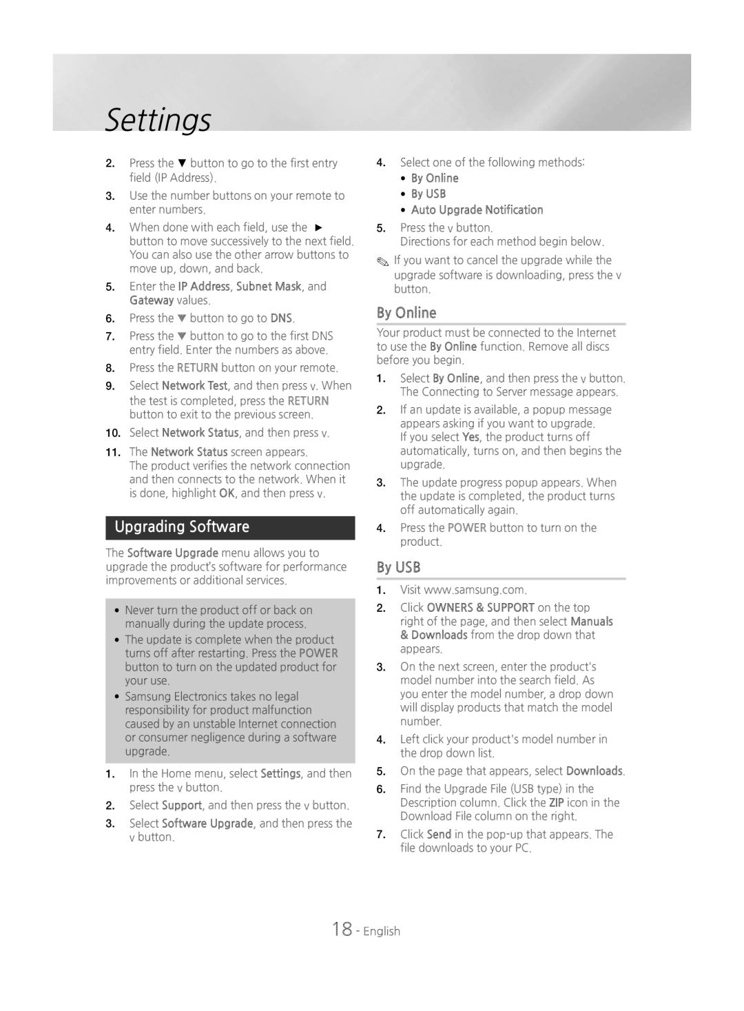 Samsung HT-J4200/EN manual Upgrading Software, By Online, By USB, Enter the IP Address, Subnet Mask, and Gateway values 